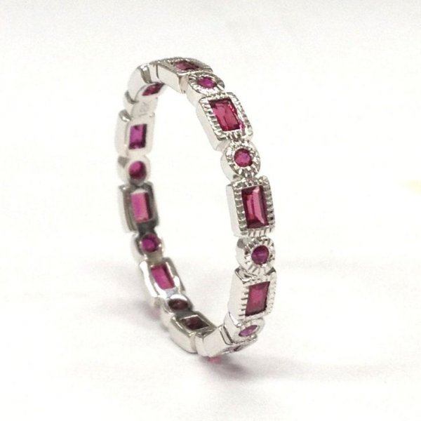 Buy Ruby Round With 0.22Ct Round Brilliant Diamond Half Eternity Ring In 18K Yellow Gold from